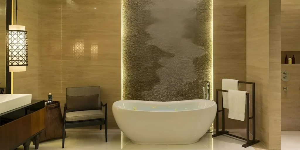 High-end bathroom remodel with elegant fixtures and lighting.