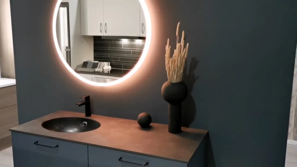 Modern bathroom vanity with wall sconces