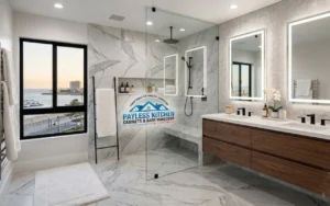 Luxury Bathroom Remodel Cost Long Beach, Walk-in Shower, Floating Walnut Vanity & Oceanview Design