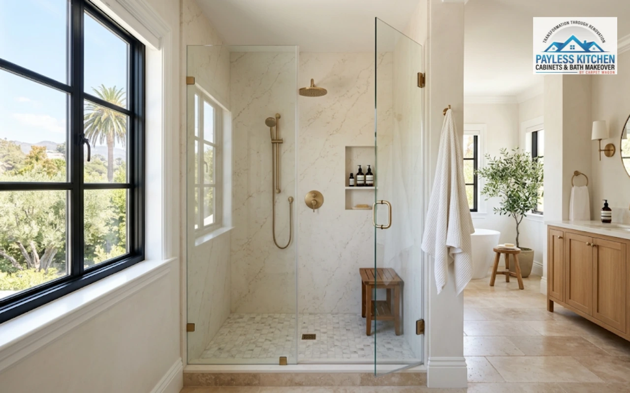 Premium custom walk-in shower remodel in a Riverside CA home featuring natural stone textures and champagne bronze fixtures, with estimated bathroom remodel costs in Riverside ranging from $12,000 to $25,000+ depending on custom tilework, plumbing upgrades, shower size, and luxury finish selections