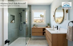 A small bathroom remodel in Altadena featuring how to remodel a small bathroom Altadena, showcasing a space-saving floating wood vanity, a clear frameless glass walk-in shower conversion with green vertical tiles, and a craftsman window overlooking the Southern California foothills
