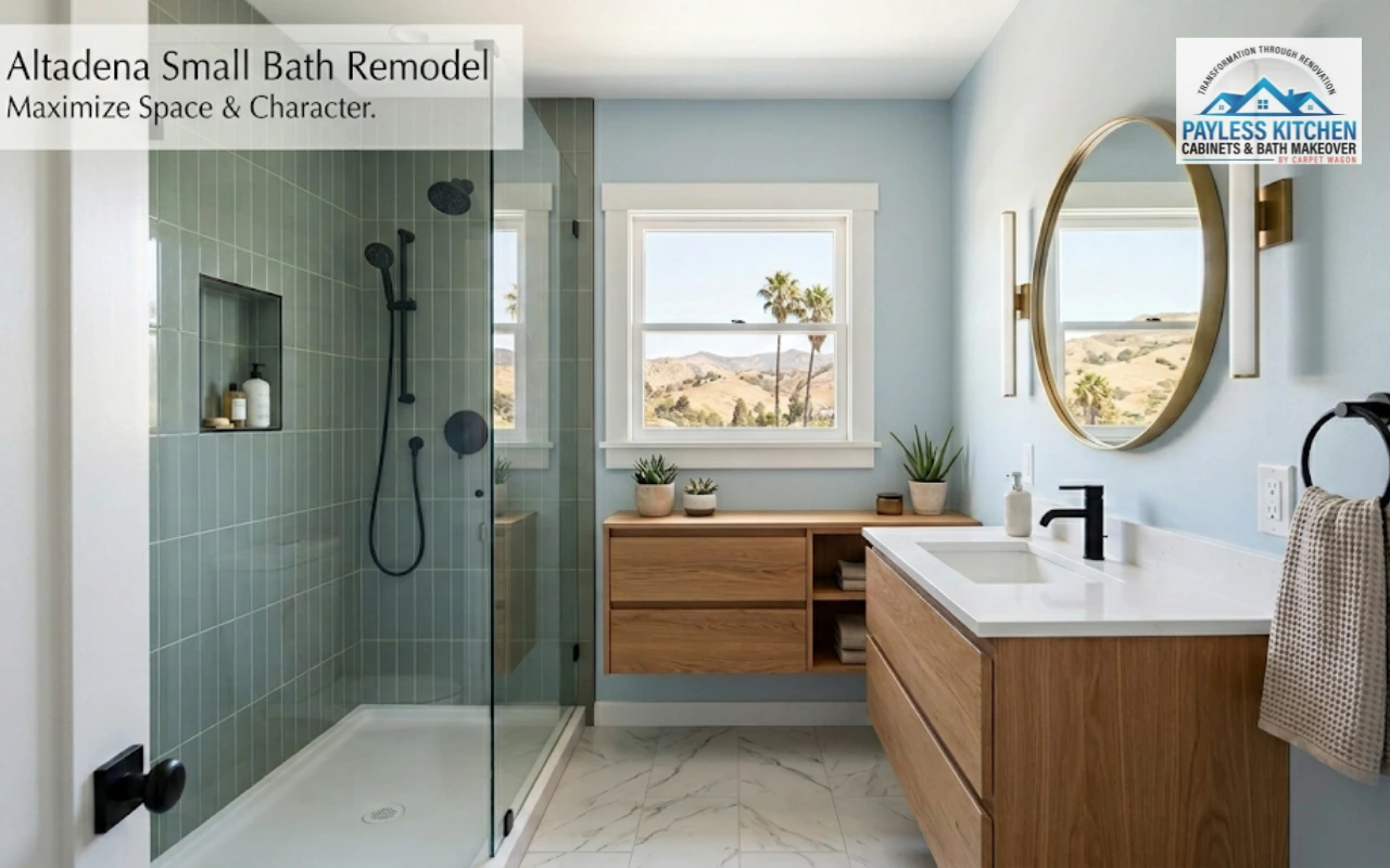 A small bathroom remodel in Altadena featuring how to remodel a small bathroom Altadena, showcasing a space-saving floating wood vanity, a clear frameless glass walk-in shower conversion with green vertical tiles, and a craftsman window overlooking the Southern California foothills