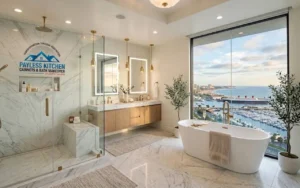 A luxury modern bathroom remodel in Long Beach featuring a large floor-to-ceiling window with a panoramic view of the harbor, marina, and the Queen Mary. The interior includes a freestanding white soaking tub, a spacious glass-enclosed marble shower with gold fixtures, a double vanity with light wood cabinetry, and elegant marble tile flooring