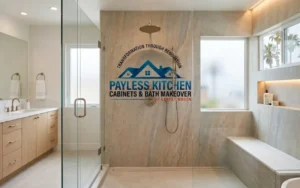Modern walk-in shower with large beige stone-look shower walls, frameless glass enclosure, built-in bench seating, recessed shelving, and rainfall showerhead in a luxury Long Beach bathroom remodel