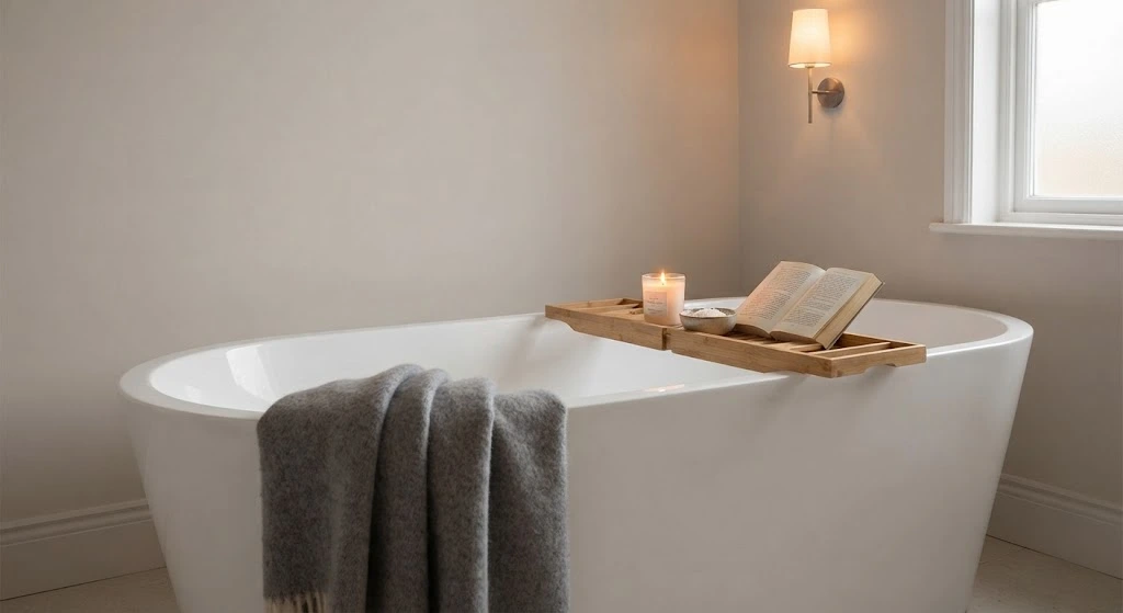 A freestanding white bathtub with a wooden caddy tray holding a book, candle, and bath salts.