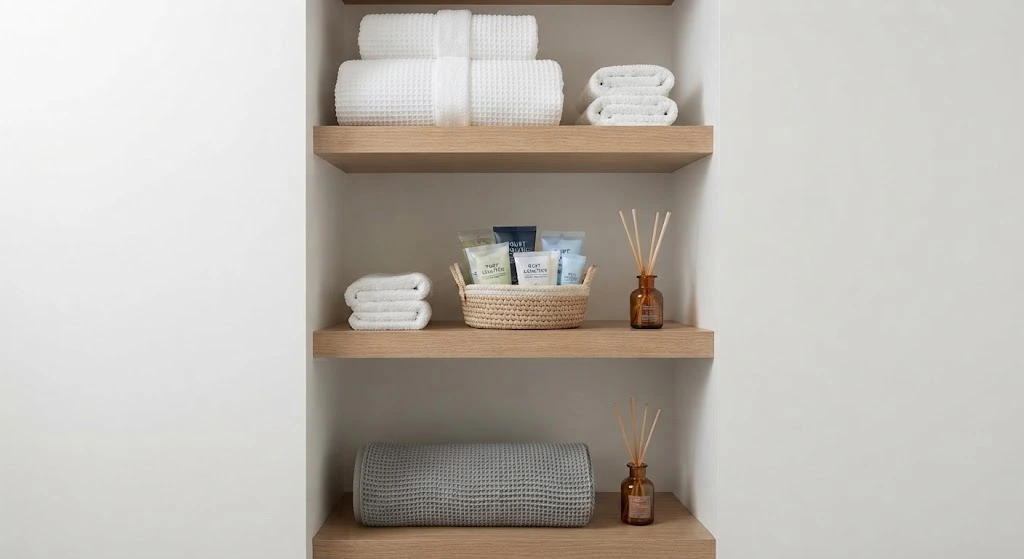 Wooden floating shelves organized with towels and guest toiletries.