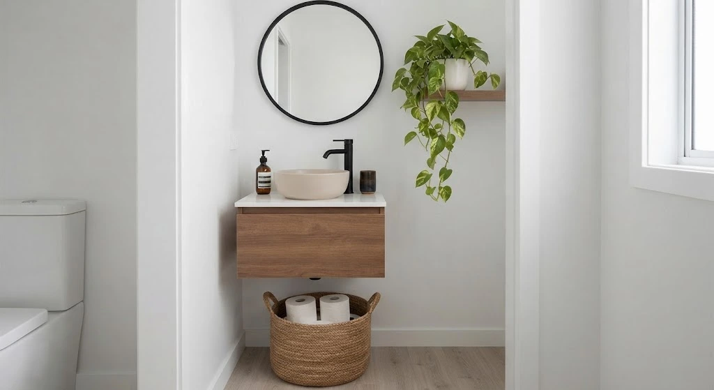 A modern floating wood vanity with a vessel sink and round mirror in a compact powder room.