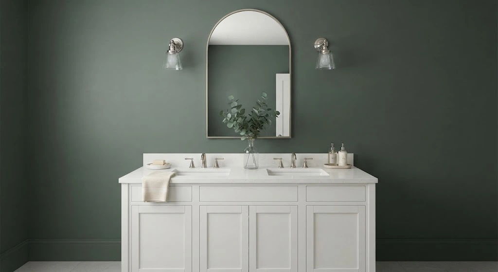 A classic white double vanity with a large arched mirror against a dark sage green wall.