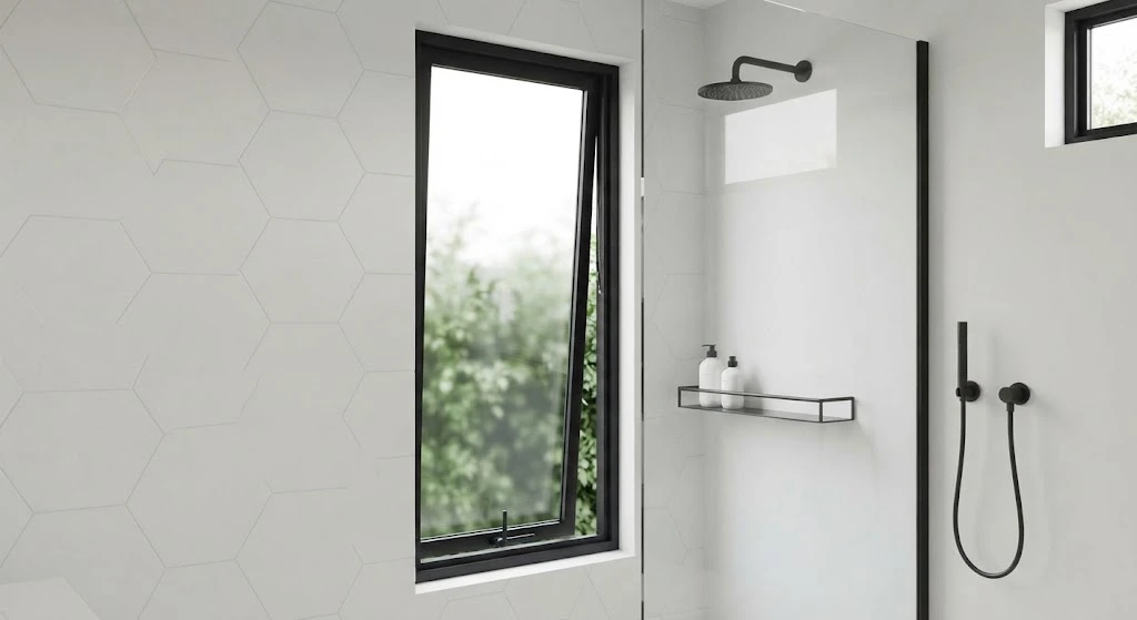 Slim-frame bathroom window next to a shower