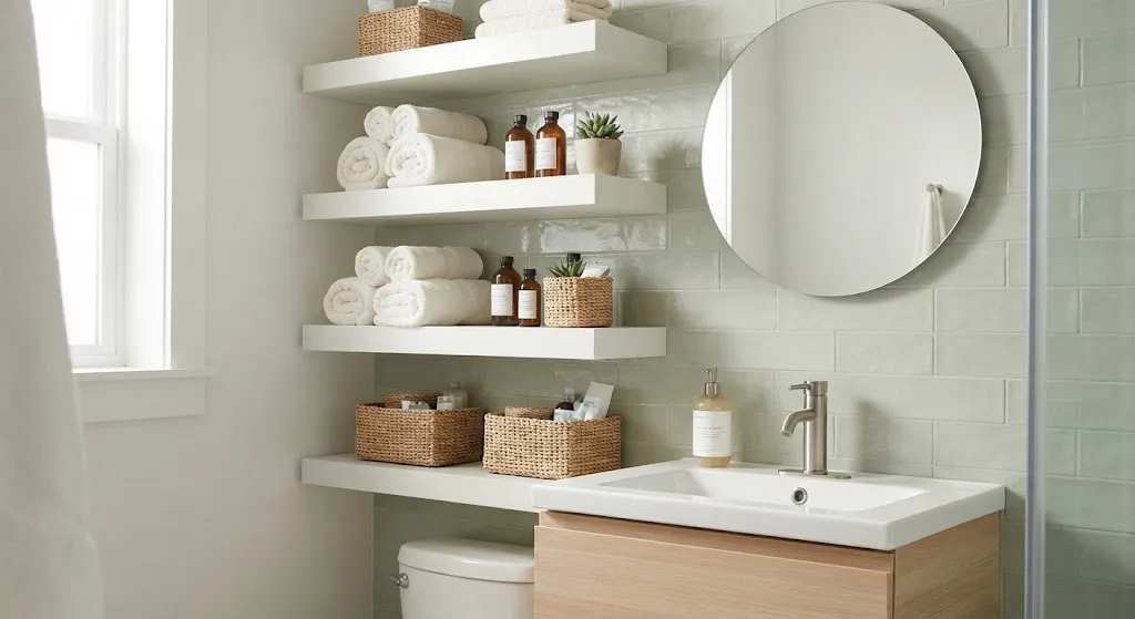 Floating Shelves Using Vertical Wall Space in a bathroom