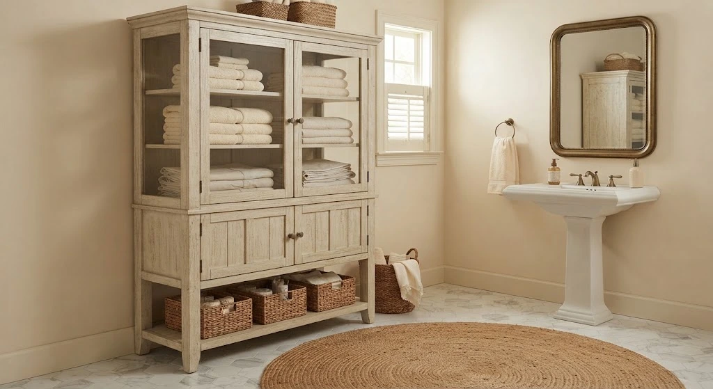Traditional Bathroom Storage using cupboards and baskets