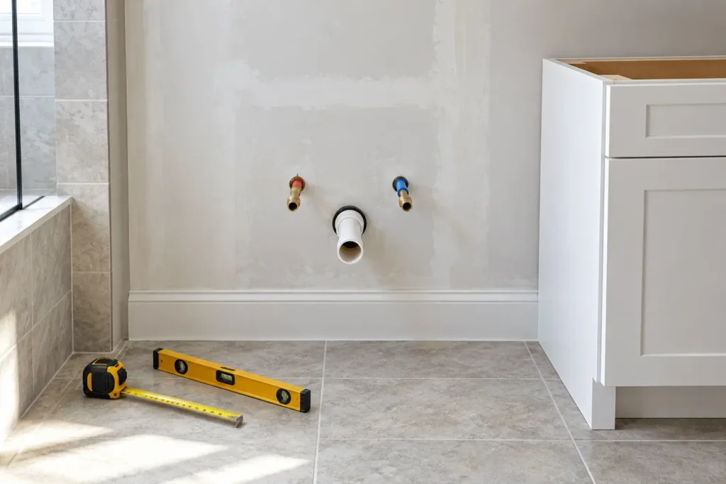 Bathroom vanity drain and water supply pipes marked on an unfinished wall before vanity installation.