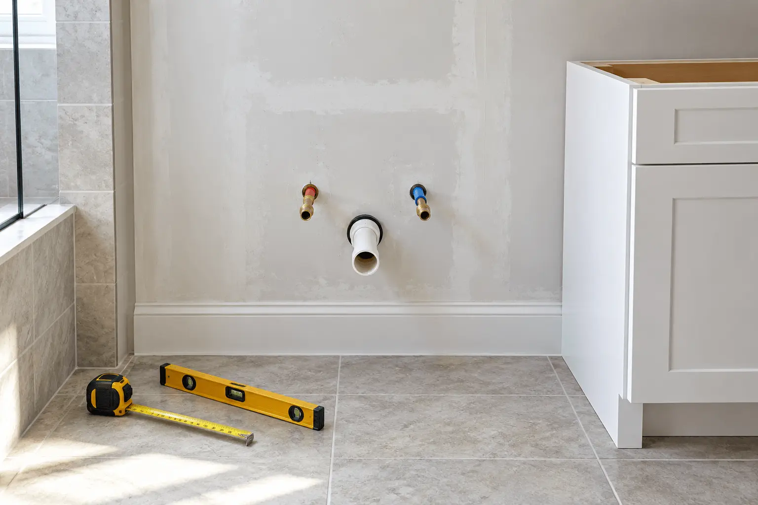 Bathroom vanity drain and water supply pipes marked on an unfinished wall before vanity installation.