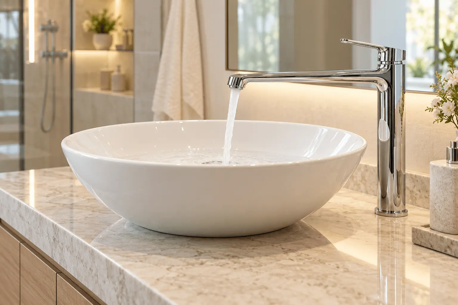 Long-reach chrome bathroom faucet positioned over a white vessel sink.