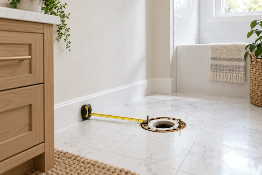 Tape measure showing the distance from a bathroom wall to the center of a toilet floor flange.