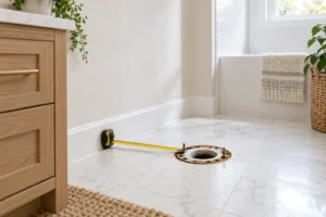 Tape measure showing the distance from a bathroom wall to the center of a toilet floor flange.